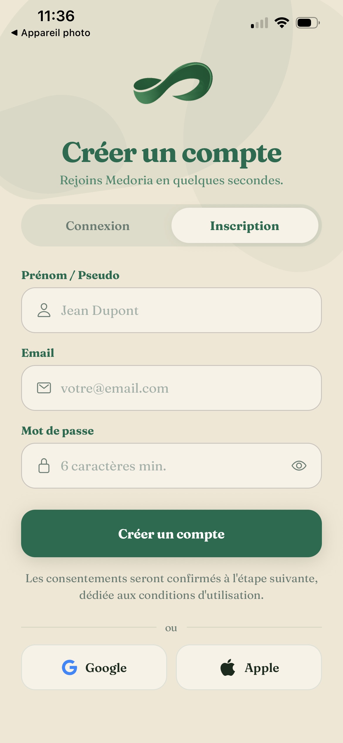 Écran de création de compte Medoria